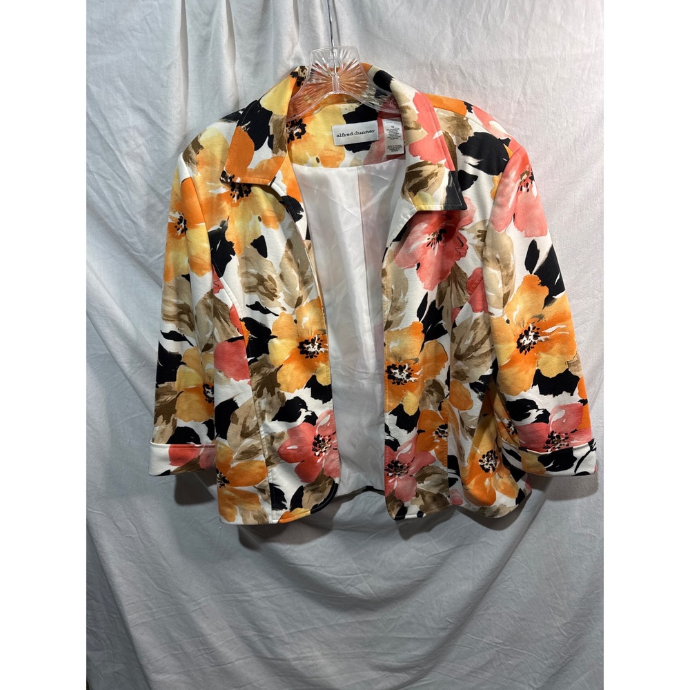 Alfred Dunner Womens Floral Blazer Orange Yellow White Open Front Jacket Size 10